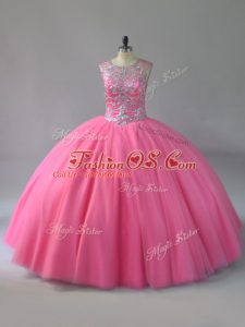 Custom Fit Pink Ball Gowns Scoop Sleeveless Beading Lace Up Quinceanera Gowns