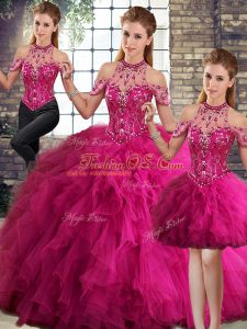 Designer Fuchsia Tulle Lace Up Halter Top Sleeveless Floor Length Ball Gown Prom Dress Beading and Ruffles