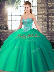 Turquoise Sweet 16 Dress Military Ball and Sweet 16 and Quinceanera with Beading and Pick Ups Sweetheart Sleeveless Brush Train Lace Up