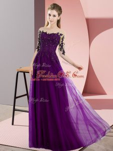 Vintage Dark Purple Empire Beading and Lace Dama Dress Lace Up Chiffon Half Sleeves Floor Length