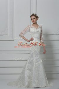 White Lace Lace Up Wedding Gown 3 4 Length Sleeve Brush Train Lace and Hand Made Flower