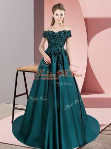 Sweet Satin Off The Shoulder Sleeveless Court Train Zipper Lace Sweet 16 Dress in Teal