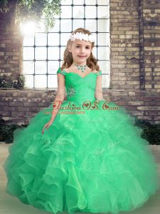 Low Price Apple Green Lace Up Pageant Gowns For Girls Beading and Ruffles and Ruching Sleeveless Floor Length