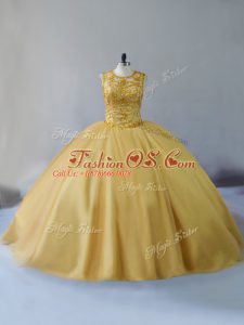 Customized Beading 15th Birthday Dress Gold Lace Up Sleeveless Brush Train