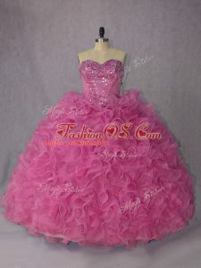 Excellent Rose Pink Halter Top Lace Up Beading and Ruffles Quinceanera Dresses Brush Train Sleeveless