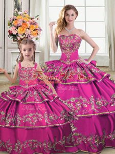 Noble Floor Length Fuchsia Sweet 16 Dress Satin and Organza Sleeveless Ruffled Layers