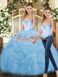 Fashionable Sweetheart Sleeveless Sweet 16 Dress Floor Length Beading and Ruffles Blue Organza