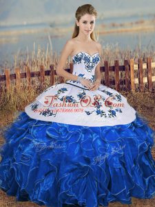 Exceptional Organza Sweetheart Sleeveless Lace Up Embroidery and Ruffles and Bowknot 15 Quinceanera Dress in Blue And White