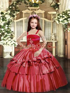 Red Sleeveless Beading and Ruffled Layers Floor Length Little Girl Pageant Dress