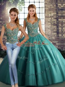 Teal Sweet 16 Dress Military Ball and Sweet 16 and Quinceanera with Beading and Appliques Straps Sleeveless Lace Up