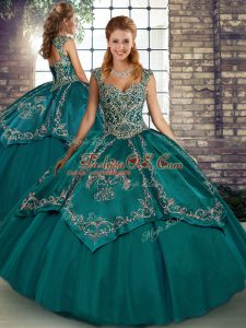 Edgy Sleeveless Tulle Floor Length Lace Up Sweet 16 Quinceanera Dress in Teal with Beading and Embroidery