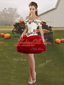 Tulle Off The Shoulder Sleeveless Lace Up Embroidery and Ruffles Evening Dress in Wine Red