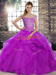 Superior Purple Sleeveless Tulle Brush Train Lace Up Vestidos de Quinceanera for Military Ball and Sweet 16 and Quinceanera
