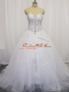 Sleeveless Court Train Lace Up Beading and Appliques Bridal Gown