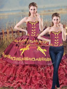 Delicate Sleeveless Satin and Organza Brush Train Lace Up Quinceanera Dresses in Burgundy with Embroidery and Ruffles