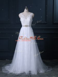 Stylish White Lace Backless V-neck Sleeveless Wedding Gowns Brush Train Beading and Lace