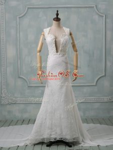 Designer White Straps Zipper Lace Wedding Gowns Court Train Sleeveless