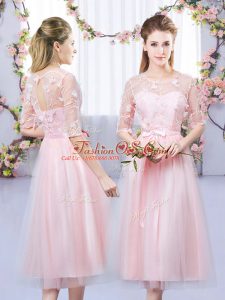 Fantastic Baby Pink Lace Up Dama Dress Lace and Belt Half Sleeves Tea Length