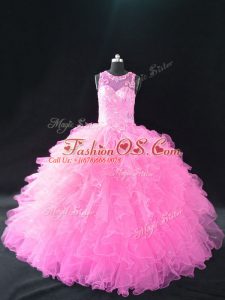 Deluxe Baby Pink Lace Up Ball Gown Prom Dress Beading and Ruffles Sleeveless