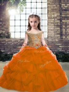 Orange Red Sleeveless Floor Length Beading Lace Up Little Girl Pageant Dress