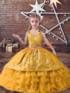 Satin and Organza Straps Sleeveless Lace Up Embroidery and Ruffled Layers High School Pageant Dress in Gold