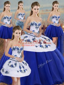 Pretty Royal Blue Sweetheart Neckline Embroidery and Bowknot Quinceanera Gown Sleeveless Lace Up