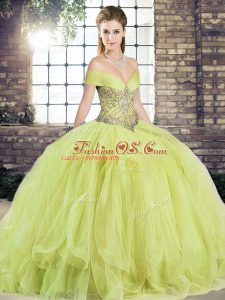 Off The Shoulder Sleeveless Quince Ball Gowns Floor Length Beading and Ruffles Yellow Green Tulle