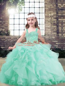 Apple Green Ball Gowns Straps Sleeveless Tulle Floor Length Lace Up Beading and Ruffles Pageant Dresses