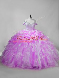 Lilac Ball Gowns Straps Sleeveless Organza Brush Train Lace Up Beading and Ruffles and Pick Ups Quince Ball Gowns