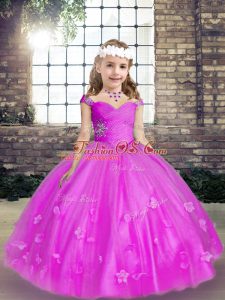 Sleeveless Floor Length Beading and Hand Made Flower Lace Up Little Girl Pageant Dress with Fuchsia