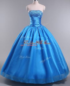 Sexy Blue Strapless Lace Up Beading Quince Ball Gowns Sleeveless