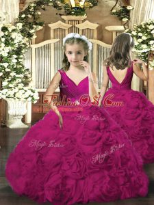 Floor Length Backless Little Girls Pageant Dress Fuchsia for Party and Sweet 16 and Wedding Party with Beading