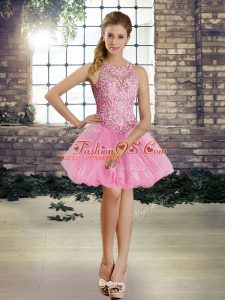 Mini Length Rose Pink Prom Gown Tulle Sleeveless Beading