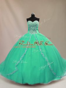 Top Selling Sweetheart Sleeveless Vestidos de Quinceanera Court Train Beading Turquoise Tulle