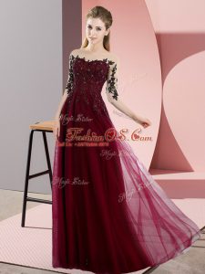 Floor Length Burgundy Bridesmaids Dress Chiffon Half Sleeves Beading and Lace