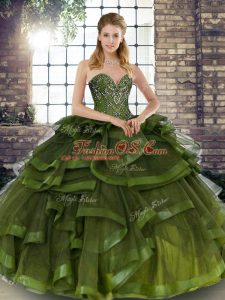 Sleeveless Tulle Floor Length Lace Up Ball Gown Prom Dress in Olive Green with Beading and Ruffles