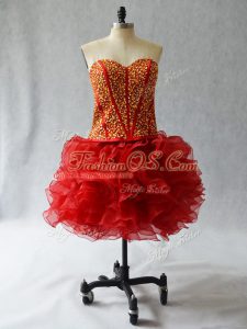 Attractive Wine Red Ball Gowns Sweetheart Sleeveless Organza Mini Length Lace Up Beading and Ruffles Prom Dresses