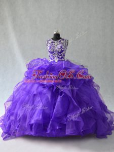 Purple Sleeveless Floor Length Beading and Ruffles Lace Up Sweet 16 Dress