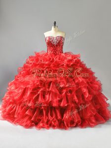 Red Sleeveless Beading and Ruffles and Sequins Floor Length Sweet 16 Dress