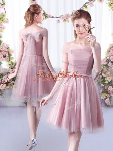 Pink Tulle Lace Up Off The Shoulder Sleeveless Knee Length Dama Dress Belt