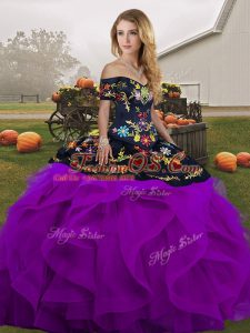 High Class Black And Purple Sleeveless Floor Length Embroidery and Ruffles Lace Up 15 Quinceanera Dress