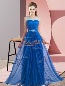 Blue Sleeveless Beading Floor Length Bridesmaid Dress