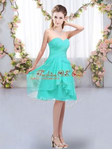 Turquoise Sleeveless Ruffles and Ruching Knee Length Dama Dress