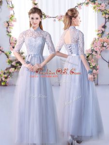 Decent Half Sleeves Floor Length Lace Lace Up Wedding Guest Dresses with Grey