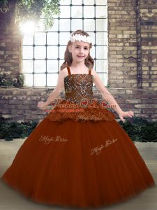 Gorgeous Straps Sleeveless Pageant Gowns For Girls Floor Length Beading and Lace Rust Red Tulle