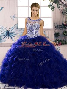 Sexy Scoop Sleeveless 15 Quinceanera Dress Floor Length Beading and Ruffles Purple Organza