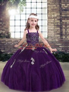 On Sale Sleeveless Tulle Floor Length Lace Up Kids Formal Wear in Purple with Appliques