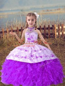 Floor Length Lace Up Child Pageant Dress Lavender for Wedding Party with Beading and Embroidery and Ruffles