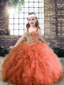 Rust Red Lace Up Straps Beading and Ruffles Kids Pageant Dress Tulle Sleeveless