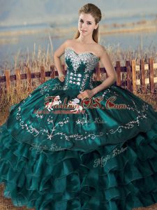 Floor Length Lace Up Sweet 16 Quinceanera Dress Peacock Green for Sweet 16 and Quinceanera with Embroidery and Ruffles